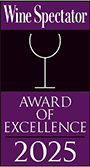 Wine Spectator Award of Excellence 2025 logo featuring a wine glass icon and elegant typography.