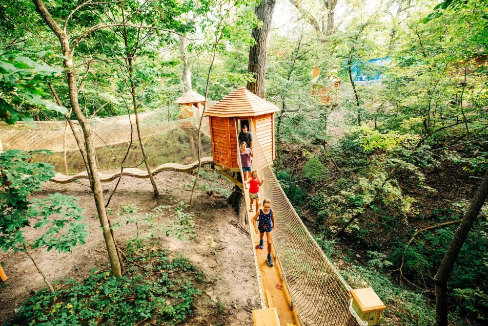 A wooden treehouse nestled among lush green trees, surrounded by nature and sunlight filtering through leaves.