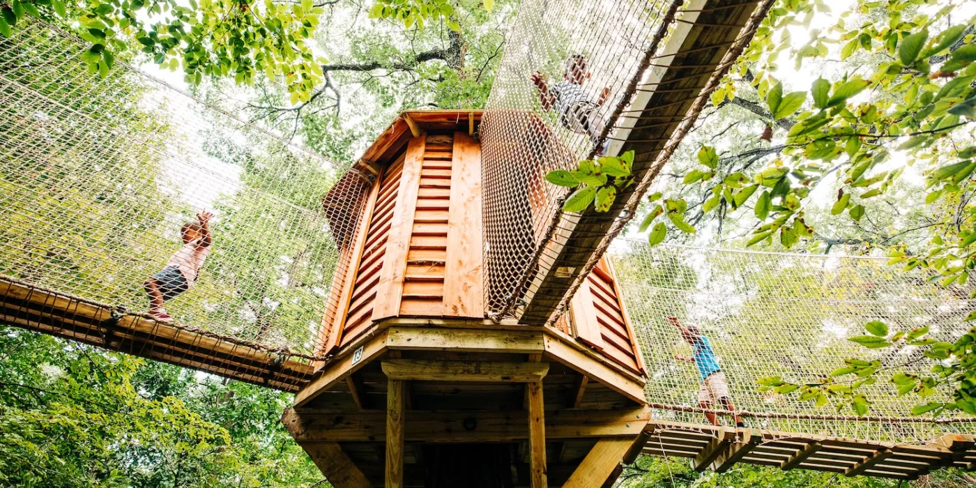 Children playing on the Tree Adventure attraction, surrounded by trees, at Arbor Day Farm.