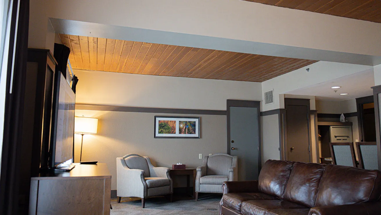 A cozy living room featuring a couch, an armchair, and a television against a neutral wall.