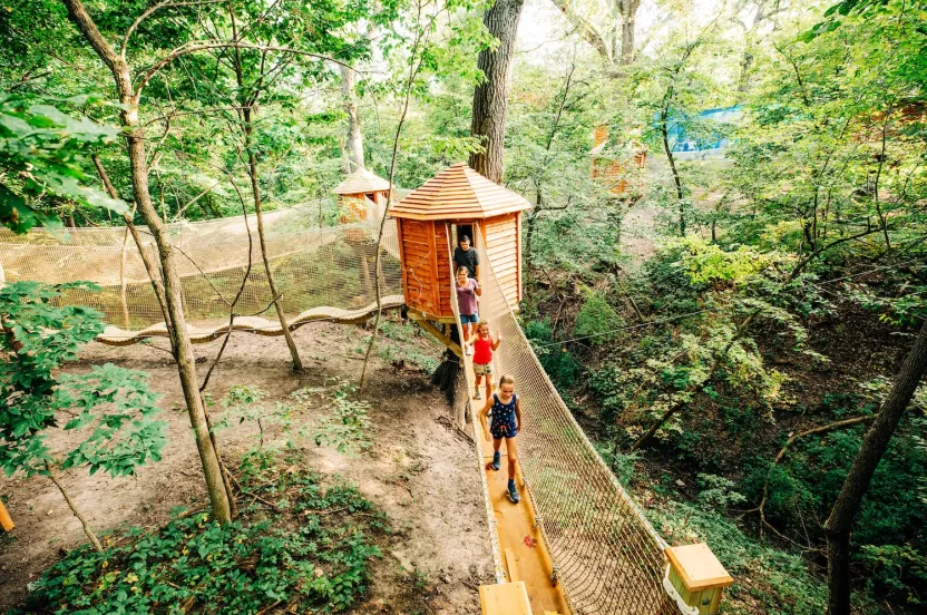 Three children and an adult walking on a wooden suspension bridge connected to small treehouse cabins in a forested area.